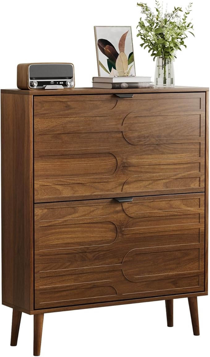 Vibe & Dine Modern Shoe Cabinet with 2 Flip Drawers, Shoe Storage Organizer for Entryway Slim, Freestanding Wood Shoe Rack Cabinet for Hallway, Bedroom, Living Room, Walnut