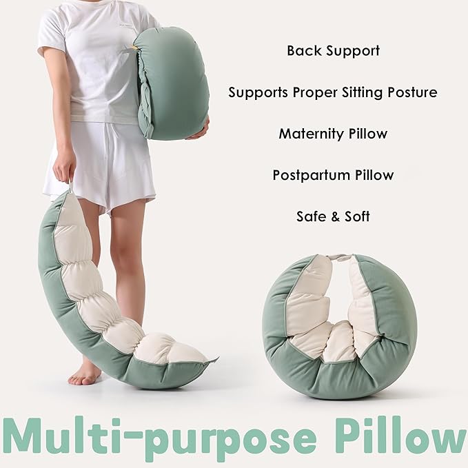 Peallow(Pat. Pend) – Long Round Body Pillow for Adults, Bolster Pillow for Sleeping, Soft and Supportive Pillow for Sleeping & Lumbar Support (Green-White, 29.5")