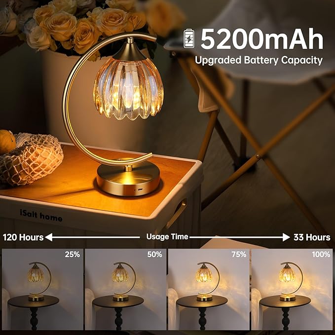 Tulip Table Lamp with 5200mAh Battery & Touch Control, Cordless Lamp with 3 Color Temperatures Clear Bulb, Rechargeable Small Table Lamps for Living Room, Bedside, Nightstand (Amber Tulip)