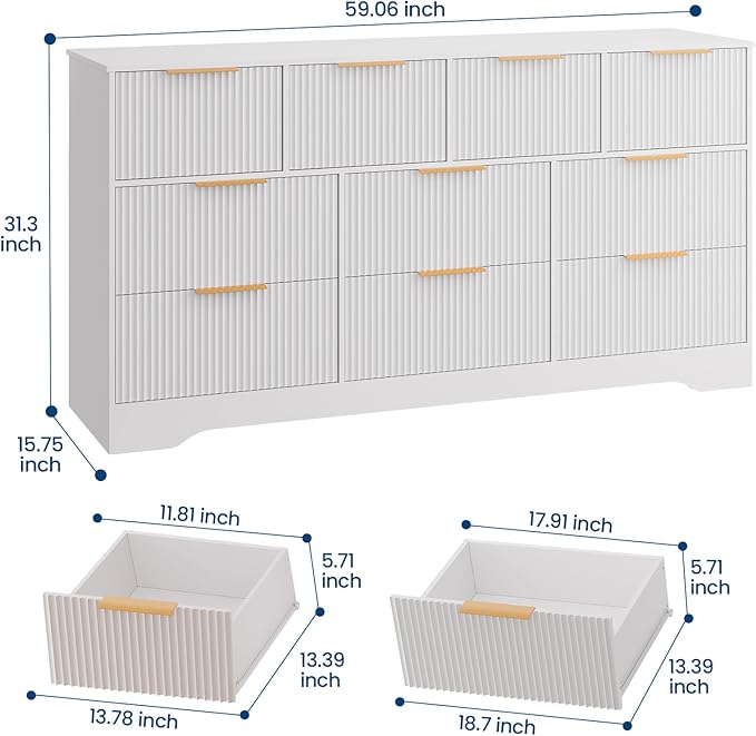 GarveeHome Fluted Dresser for Bedroom with 10 Drawers, 59" Wide Modern Chest of Drawers with Wood Frame, Dresser TV Stand Wooden Closet Clothes Storage Organizer for Living Room, Hallway