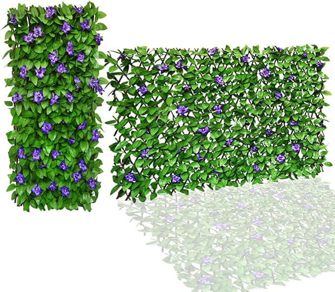 GLANT Expandable Fence Privacy Screen for Balcony Patio Outdoor,Decorative Faux Ivy Fencing Panel,Artificial Hedges (Single Sided Leaves) (2, Purple Flowers)