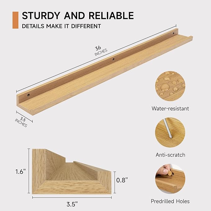 Fun Memories Picture Ledge Shelf for Wall, Floating Shelves Set of 4, 36 Inch Long Nursery Book Shelves for Toys Storage, Kids Bookshelf Wall Mounted for Books Photo Frames, Oak
