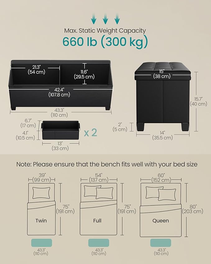 SONGMICS Storage Ottoman, Storage Bench with Legs, 15 x 43.3 x 15.7 Inches, Ottoman Bench, 30 Gal. (112 L), Synthetic Leather, for Living Room, Entryway, Ink Black ULSF0514B02