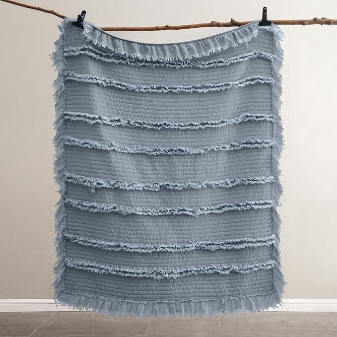 Ultra Soft Pre-Washed Quilted Boho Dark Blue King Size Blankets for Bed, Ruffle Fringed Decorative Throw, Stone Washed Chic Rustic Blanket for Sofa Couch Bed, 104"*90"
