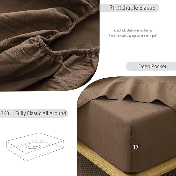 MooMee Fitted Bottom Sheet Only 100% Washed Cotton Linen Like Textured Breathable Durable Soft Comfy Deep Pocket Fits Mattress up to 17" (Cocoa Brown, Queen)