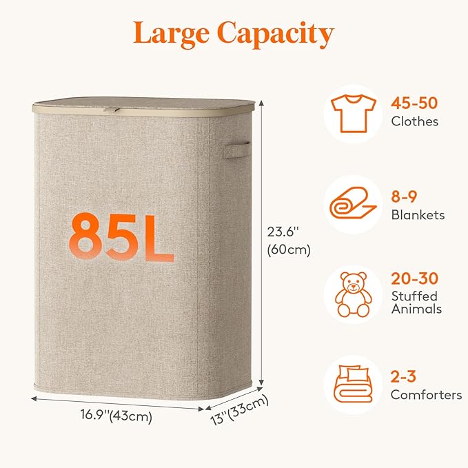 Lifewit 85L Laundry Basket with Lid, Large Laundry Hamper with Plastic Handles and Removable Bag, Foldable Tall Dirty Clothes Hampers for Laundry for Laundry Room, Bedroom, Bathroom, Dorm, Beige