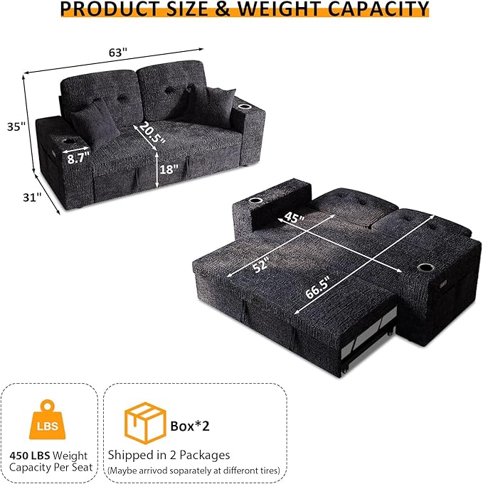 63 Inch Sleeper Sofa Bed, 4 in 1 Pull Out Couch Bed with Adjustable Backrest, Small Loveseat with Wide Armrest | USB Charging | Side Pockets | Cup Holders | Tool Free Assembly, Navy Blue