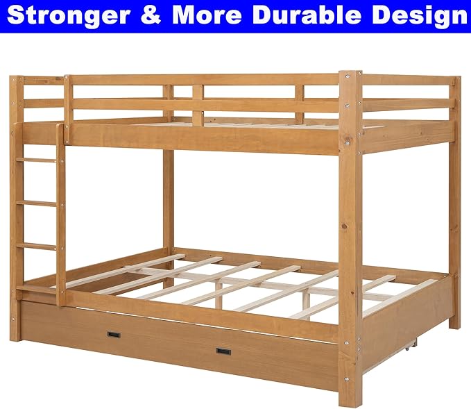 Upgraded Version Thicken Solid Wood Queen Over Queen Bunk Bed with Twin XL Size Trundle, Best Wooden Bunk Bed for Adults, Easy to Assemble (Wood Color with Trundle)