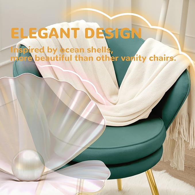 Velvet Vanity Chair with Back, Mid-Century Modern Small Accent Chair for Living Room, Golden Metal Legs Upholstered Makeup Chair, 1Pcs Bedroom Armchair, Dark Green