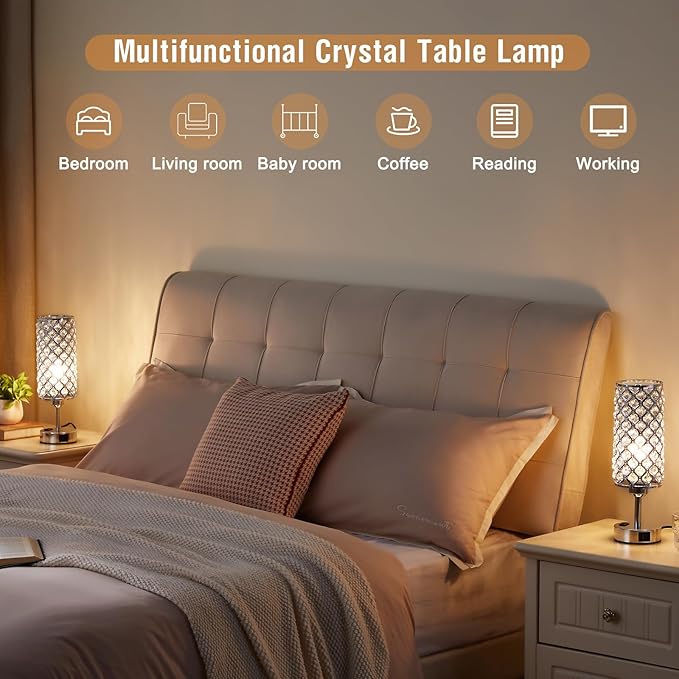 Hong-in Crystal Lamp Touch Control Set of 2, Sliver Crystal Table Lamps with USB C+A Ports & AC Outlet, 3-Way Dimmable Nightstand Touch Lamp, Modern Bedside Table Lamp for Bedroom(Bulbs Included)