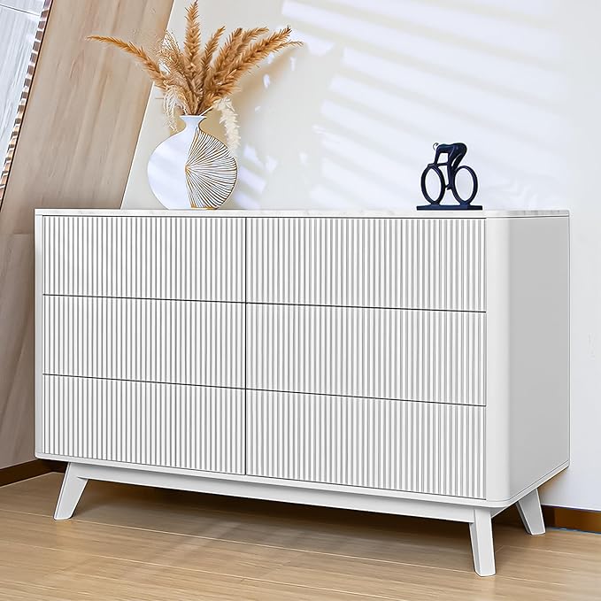 Fluted 6 Drawers Dresser for Bedroom,52" Wide Handleless Chest of Drawers with Faux Marble Top, Wooden Dresser TV Stand, Wood Drawer Organizer for Living Room, Hallway, White
