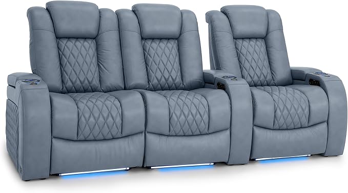 Seatcraft Diamante Zero-Gravity CoolZero Italian Leather Home Theater Seating, Power Headrest, Power Recline, Row of 3 Left Loveseat, Smokey Blue