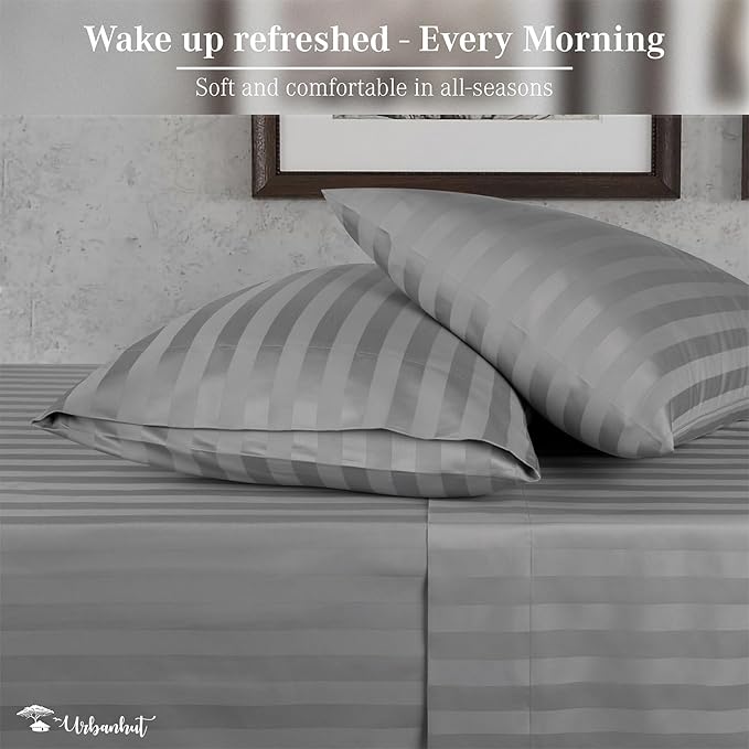 URBANHUT 800 Thread Count 100% Cotton Damask Queen Size Sheets, 4 Piece Striped Queen Size Bedsheets, Luxury Hotel Sheets Sateen Weave - Better Than Egyptian, 16" Elasticized Deep Pocket- Dark Grey