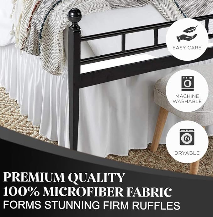 Ruffled Bed Skirt with Split Corners, White, King 21 Inch Drop Bedskirt, Hotel Quality Brushed Microfiber Wrinkle Free Dust Ruffle Bed Skirt King Size