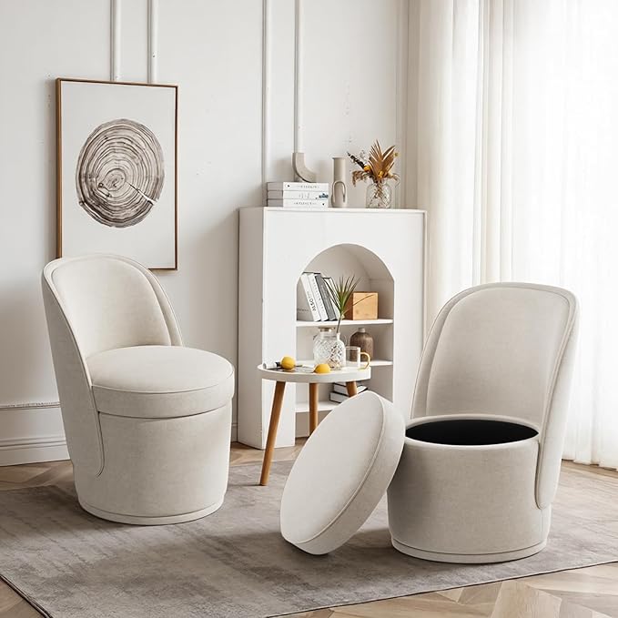 Swivel Accent Chair Set of 2, 360° Swivel Round Chair with Hidden Storage, Vanity Chairs, Modern Small Barrel Armchair for Living Room/Bedroom, Beige
