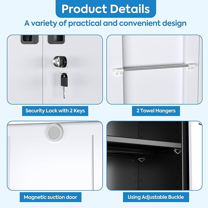 Garage Storage Cabinet with Wheels, Broom Closet Storage Cabinet with Pegboards and Adjustable Shelves, Metal Tool Cabinet with Lockable Door for Garage Home, Black and White