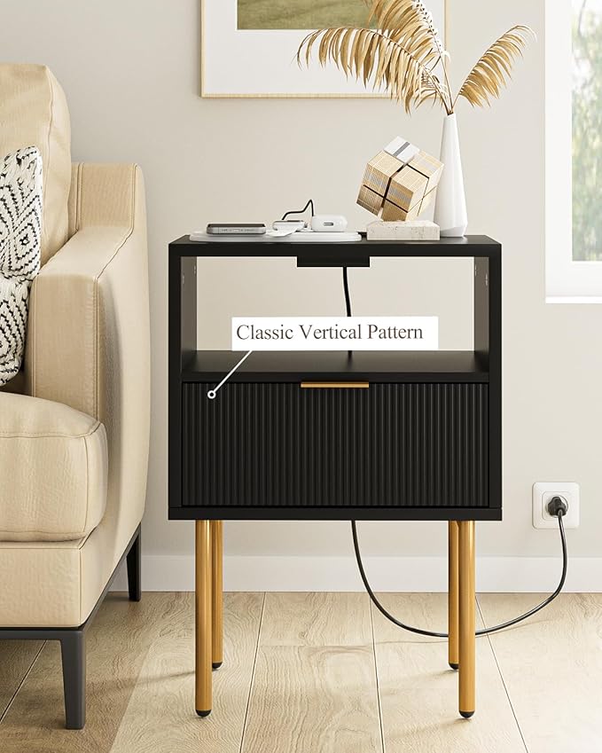 Masupu Nightstand with Charging Station,Mid-Century Modern Bedside Table with Storage Drawer and Open Wood Shelf,Small Gold Frame Side Table for Bedroom,Living Room (Black)
