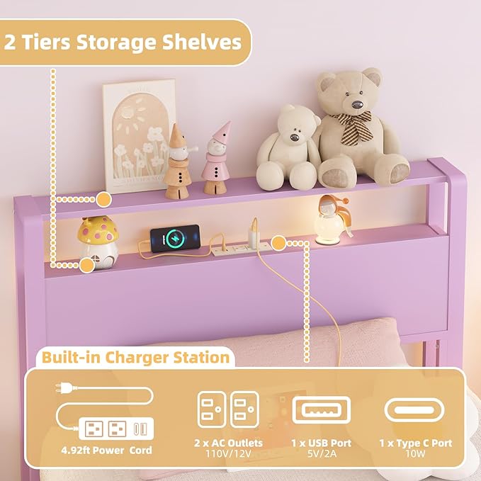 Twin Bed Frames with Charging Station, 2 Tiers Storage Headboard Twin Sized Bed No Box Spring Needed Heavy Duty Metal Platform for Girls, Purple