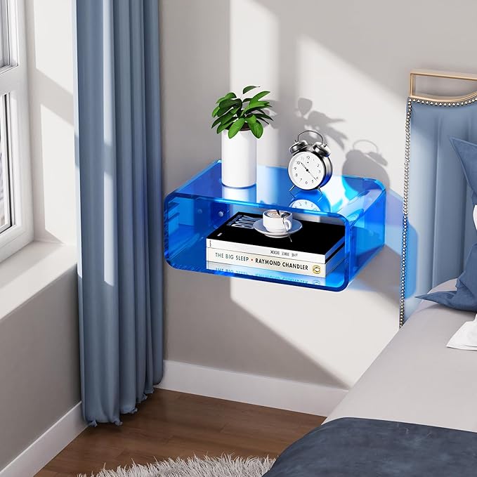 Acrylic Floating Nightstand, Bedside Table, Nightstand Shelf Wall Mounted Bedside Shelf (Blue, Small)