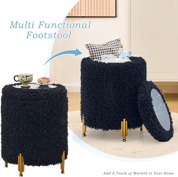 Mxfurhawa Round Ottoman Foot Stool with Storage and Metal Legs for Living Room Bedroom, Velvet Upholstered Footrest Stool Support 300lbs Modern Padded Seat Ottoman Coffee Table (Black-Long Wool)
