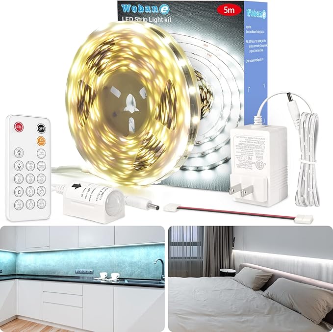 WOBANE White LED Strip Light, 16.4ft Motion Activated Light Strip with Remote and Adapter, Night Light, Dimmable, PIR Function, 300 LEDs Rope Light for Closet,Kitchen Cabinet,Room,Wardrobe,White