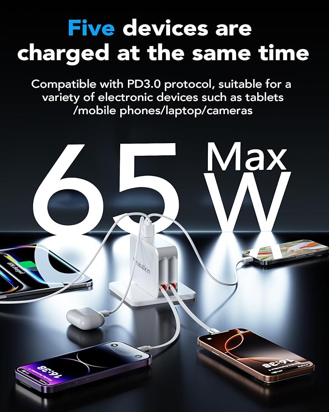 65W for MacBook Pro Charger,5-in-1 Retractable Wall Charger Plug for iPhone 17, 3.94 ft PD USB C&Lightening Cable&3 Ports, Fast Charging Block for Mac Book Pro/Air, M1 M2 M3 M4, iPad Pro,Galaxy,Pixel