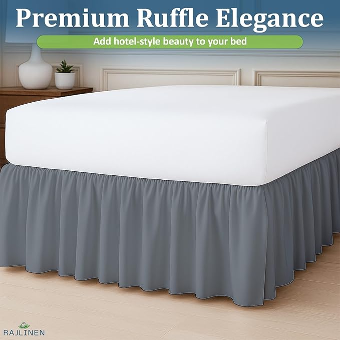 Rajlinen Ruffled Bed Skirt Full, 14 Inch Drop Dust Ruffle with Split Corners, 100% Microfiber Bedskirt with Platform, Three-Sided Coverage Ruffled Gathering Design, Dark Grey