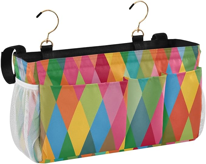 Bedside Caddy Hanging Bunk Bed Caddy Bed Organizer Hanging Pocket with 2 Hooks Bedside Storage Organizer Pocket Bag Holder Pink Green Argyle