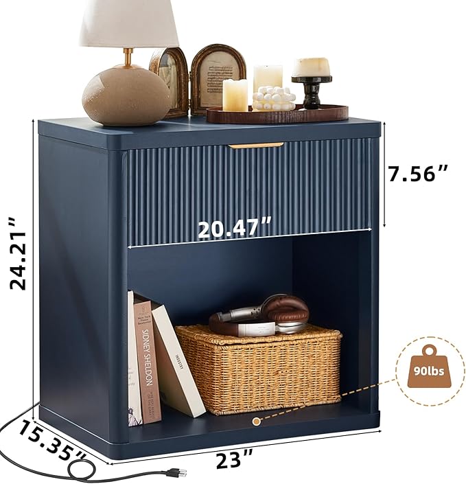 LEYAOYAO Fluted Farmhouse Nightstand Set of 2 with Charging Station, 23" Wide 1 Drawers Night Stand,Blue Dresser for Bedroom,Bed Side Table Chest of Drawers,Wood End Table for Living Room