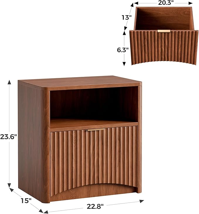 Evermagin Fluted Nightstand, Walnut Bedside Table with Drawer and Storage, Wood End Table Mid Century Modern, Large Night Stand for Bedroom