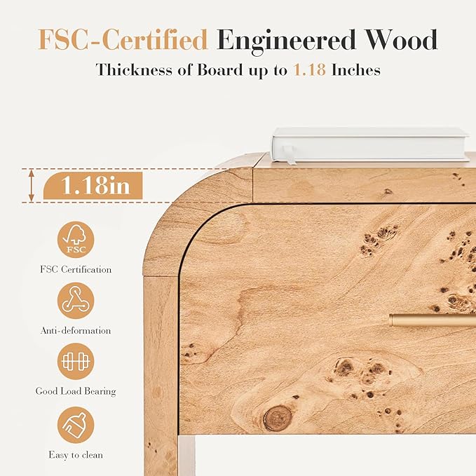 Night Stand [Unique Curved Profile] [FSC-Certified Wooden Board] 1-Drawer and 1 Storage Shelf Nightstand 24" H Metal Handle Modern Bedside Table Side Table End Table