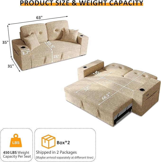 63 Inch Sleeper Sofa Bed, 4 in 1 Pull Out Couch Bed with Adjustable Backrest, Small Loveseat with Wide Armrest | USB Charging | Side Pockets | Cup Holders | Tool Free Assembly, Khaki Chenille