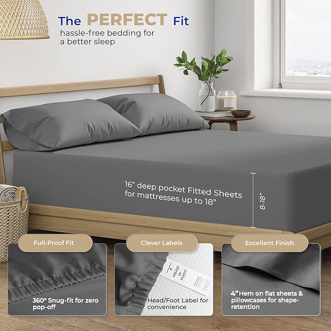 THREAD SPREAD California King Sheets - 400 Thread Count 100% Cotton Sheets California King, 4 PC Cal King Sheets Set, Extra Soft, Cooling Bed Sheets, Deep Pocket California King Sheet Set (Dark Grey)