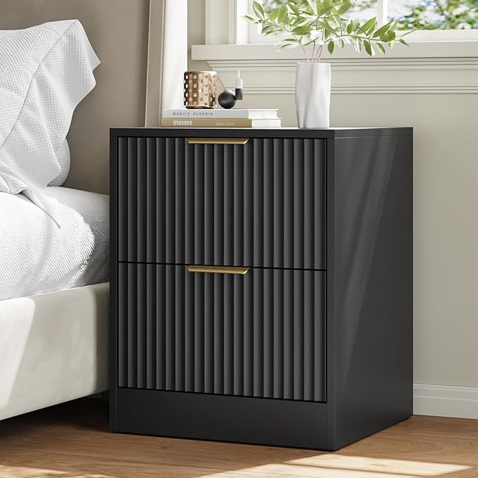 9 Drawer Dresser & Nightstand Set 3-Piece, 63” Wide Fluted Bedroom Dresser Set Night Stand Set of 2 with Metal Handle, Modern Wood Chest of Drawers Storage Dressers Set for Bedroom, Black