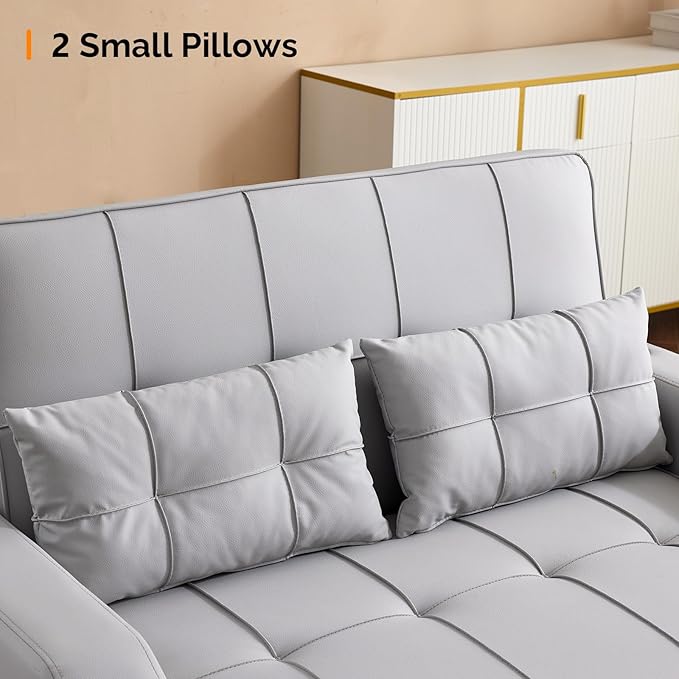 VINGLI Light Grey Futon Sofa Bed Convertible Loveseat Sleeper Couch, Faux Leather Pullout Sofa Fold Out Couch Bed with USB Ports, Cup Holders, Armrest for Living Room, Bedroom Apartment Room