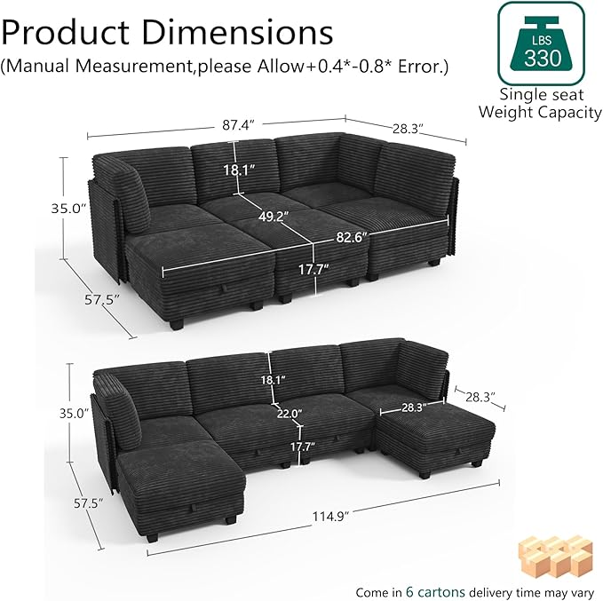 Modular Sectional Sofa with Adjustable Backrest, Convertible L/U-Shaped Sleeper Couch for Living Room, Cloud Sofa Bed Modern Reversible Design, Black