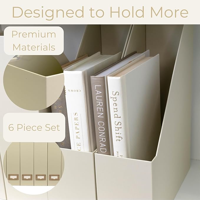BLU MONACO | Cardboard Magazine File Holder Set of 6 | Vertical Magazine File Holder with Label Slots | Beige Linen Foldable File Organizers for Desk Shelf Office