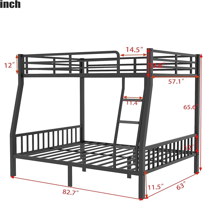 Upgraded Version Thicken Metal Heavy-Duty Full Over Queen Bunk Bed, Best Modern Style Stronger Full XL Over Queen Size Bunk Bed with Ladder for Adults, Easy Assembly (Queen-1 Ladder)