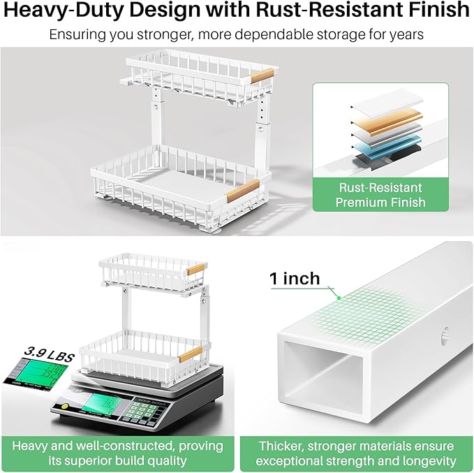 Kitstorack Under Sink Organizer, 2 Packs 2 Tier Under Sink Organizers and Storage, Slide out Pull out Cabinet Organizer Shelf, Metal Sliding Drawer for Kitchen Bathroom Pantry Closet Rack(White)