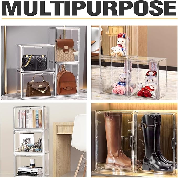 5 Pcs Super Large Acrylic Display Case Purse Handbag Storage Organizer for Closet Clear Stackable Bag Storage Boxes for Books, Boots, Collectibles, Cosmetic