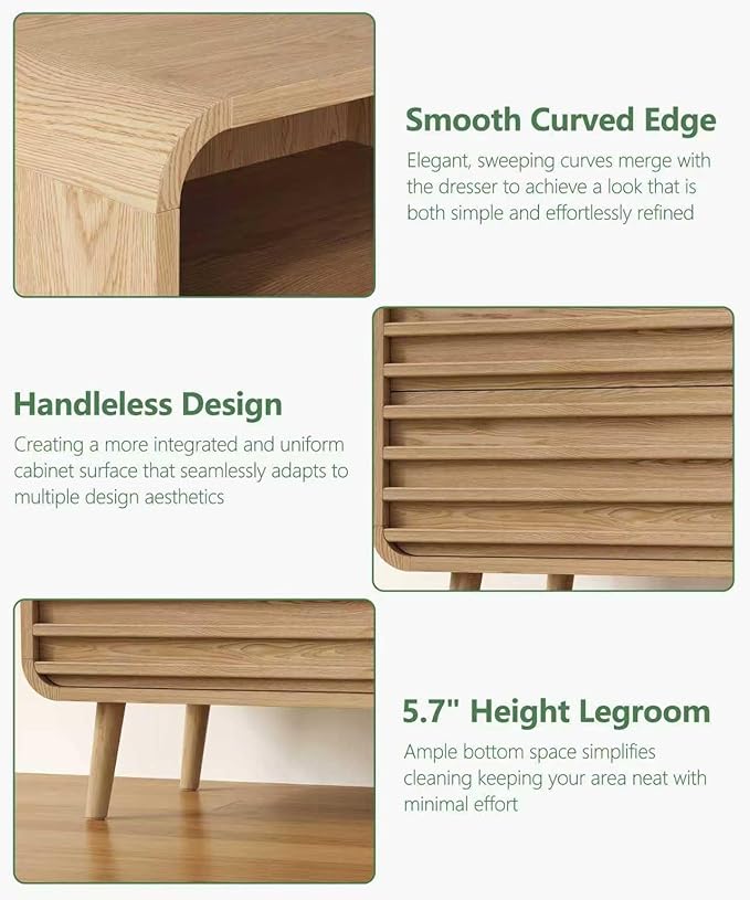 22.4"W Fluted Night Stand with 2 Drawers and Opening Shelf, RGB Nightstand with Charging Station, Wooden Bedside Table with Solid Wood Legs, End Table for Bedroom, Curved Profile Design, Natural Oak
