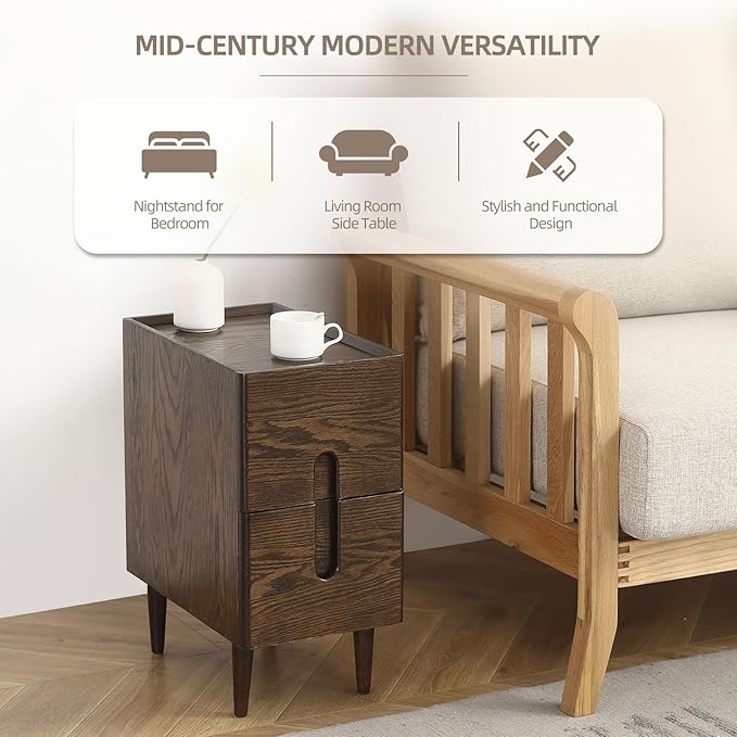 Solid Wood Bedside Table Nightstands, Slim Narrow Oak Real Wooden Mid-Century Modern End Table with Drawers Luxury Side Table Durable Cabinet Organizer Furniture, Walnut Color 9.84in Wide