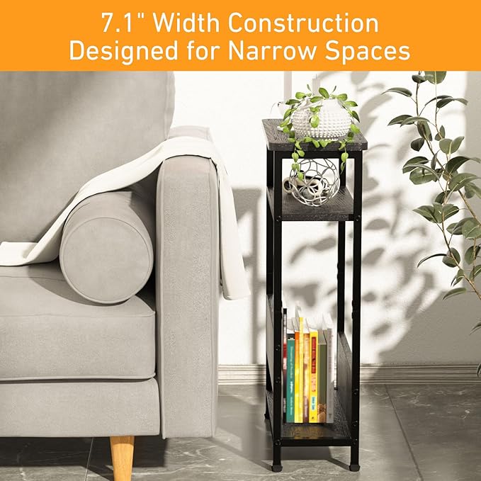 THUMEYE 7.1" Narrow Side Table for Small Spaces, 3 Tier Small End Table with Magazine Holder, Slim/Skinny Nightstand/Bedside Table for Living Room, Bedroom, 15.4" L x 24.2" H, Black