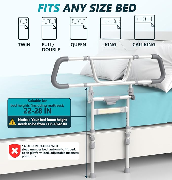 Packve Foldable Bed Rails for Elderly Adults Safety - Bed Side Assist Rail for Seniors with Extendable Guard Rails, Adjustable Height Bedrails for Queen King Full Size Bed