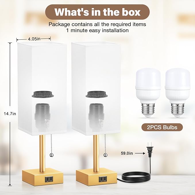 Gold Bedside Table Lamps for Bedroom - Small Nightstand Lamp Set of 2 with AC Outlet Charging Port, 3 Color Temperatures Rectangular Desk Light, Tabletop Reading Lamp for Living Room/Dorm/Office