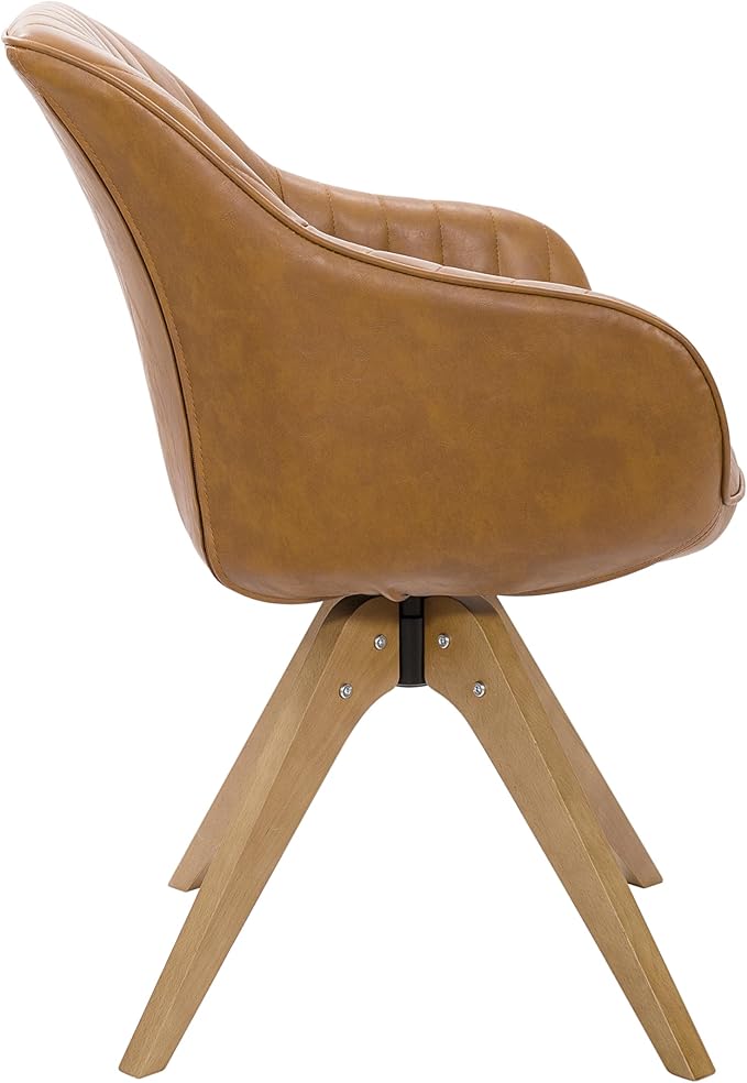Zouron Mid Century Modern Accent Chairs with Wooden Legs, Swivel Desk Chair No Wheels, Faux Leather Vanity Side Chair for Small Space Home Office Living Room Bedroom, Brown