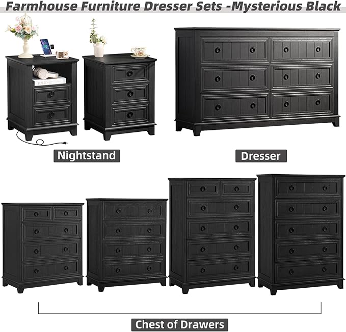 Bedroom Dresser and Nightstand Sets 4 Piece, Farmhouse 6 Drawers Dresser & 40.5" Tall Chest of Drawers,18" Nightstands with Charging Station,54" Wide Furniture Dressers for Bedroom,Living Room