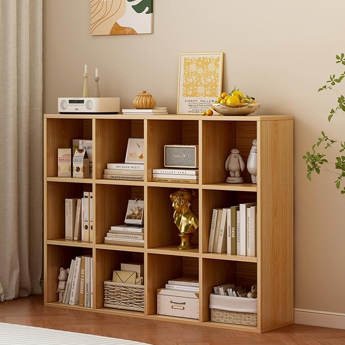 OSCHF 12-Cube Storage Shelf Bookcase - Wooden 3-Tier Floor Standing Open Bookshelf for Home and Office, Display Cabinet, Oak