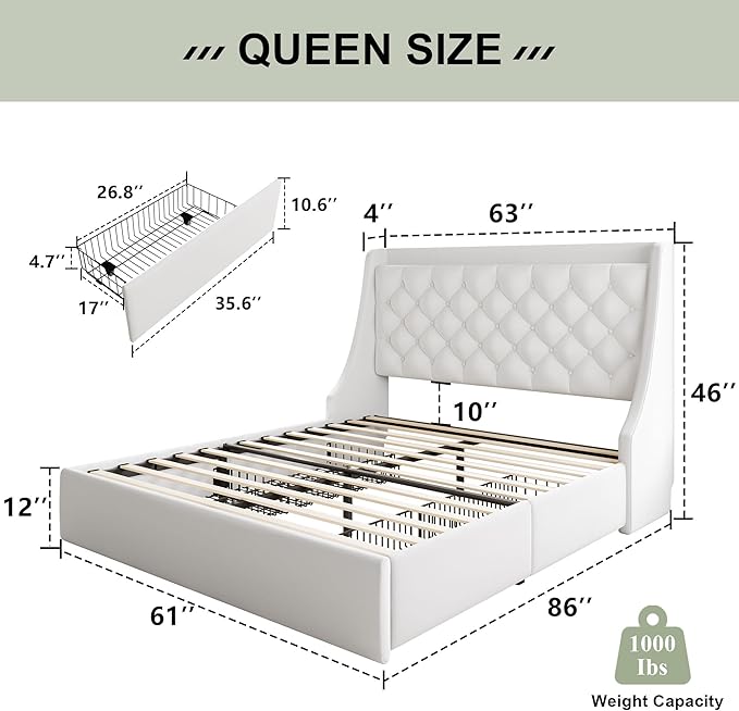 Feonase Upholstered Queen Size Bed Frame with 4 Storage Drawers, Charging Station, Tufted Wingback Storage Headboard, No Box Spring Needed, Easy Assembly, White