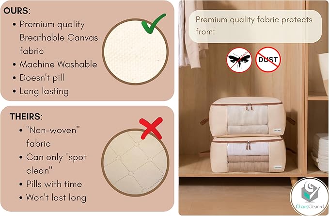 Canvas Storage Bags Designer Organizer for Comforters 2 Pack – Seasonal Storage for Pillows, Blankets, Linens & Garments – Foldable Design with Zip & Window, Moth-Proof Space Saver